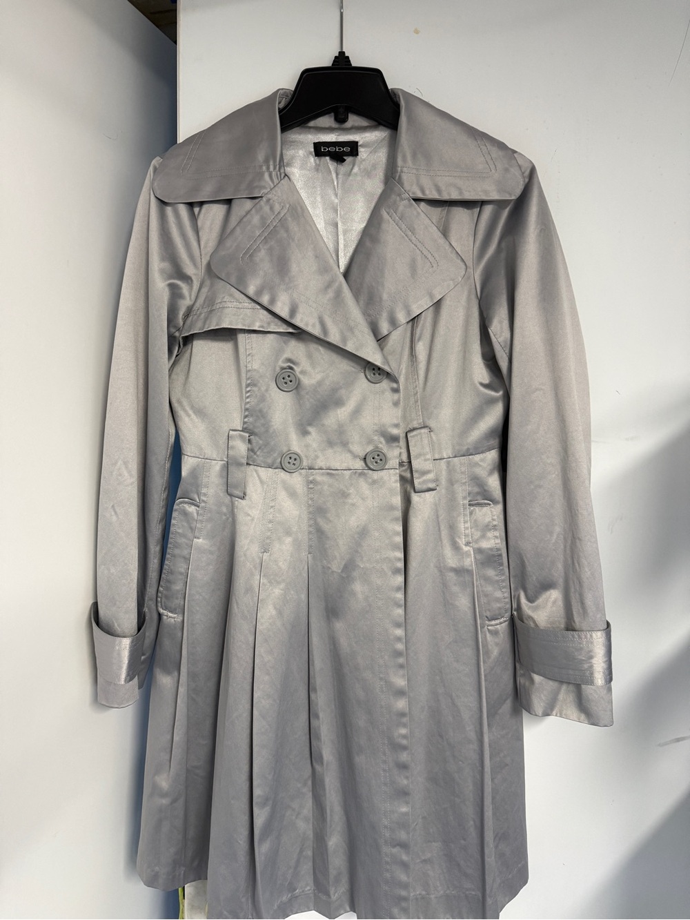 BEBE Metallic Silver Double-Breasted Trench Coat - Picture 2 of 4